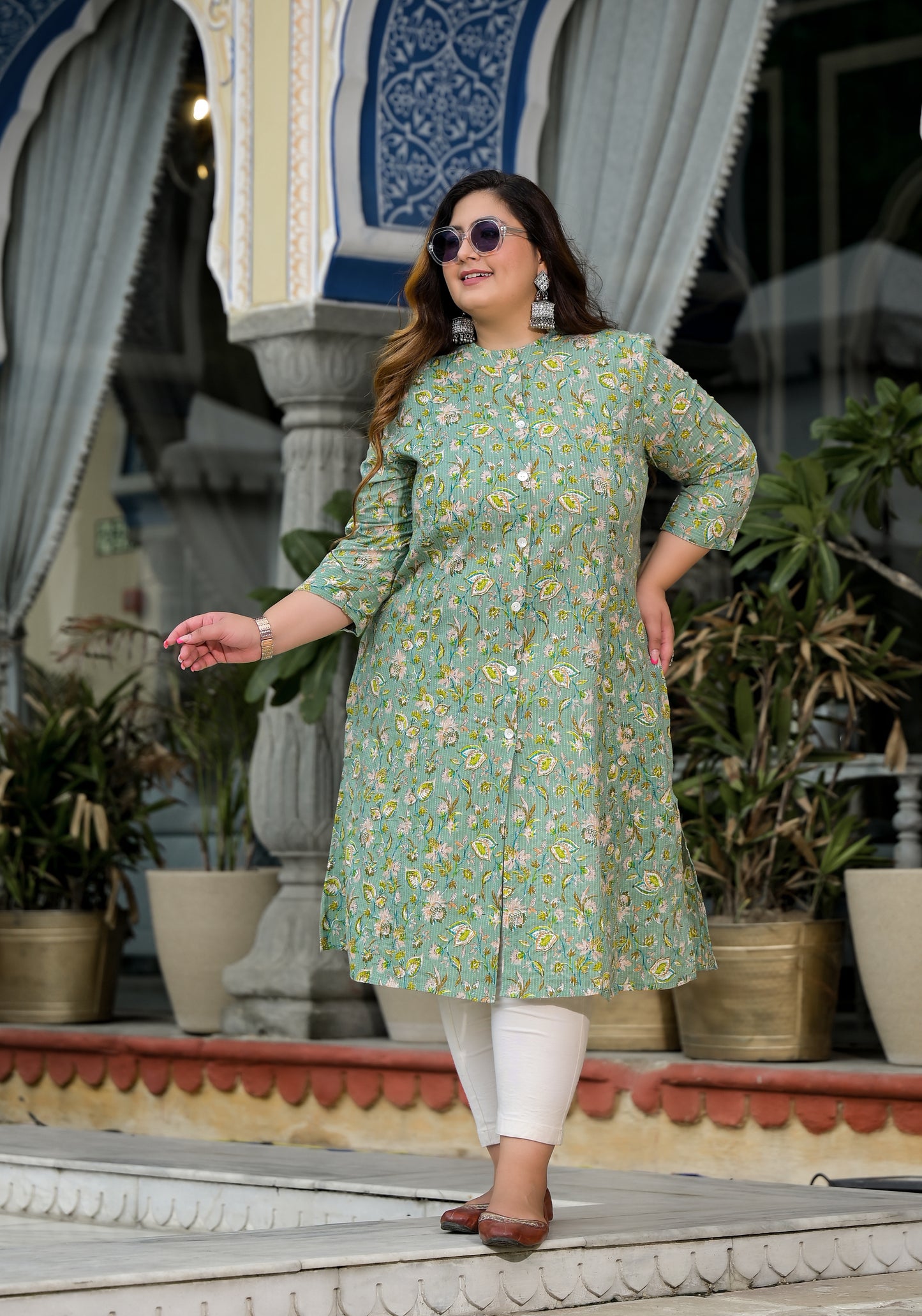 Green Front Slit 'A' Line Kurta (Cotton)