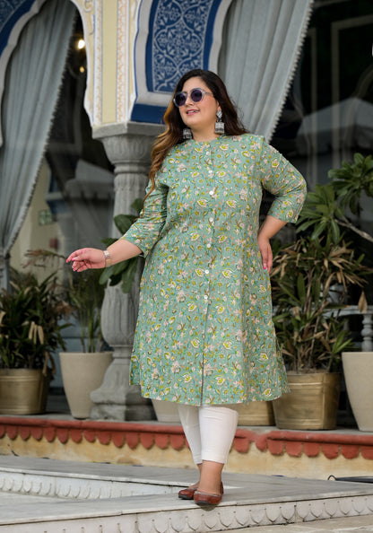 Green Front Slit 'A' Line Kurta (Cotton)