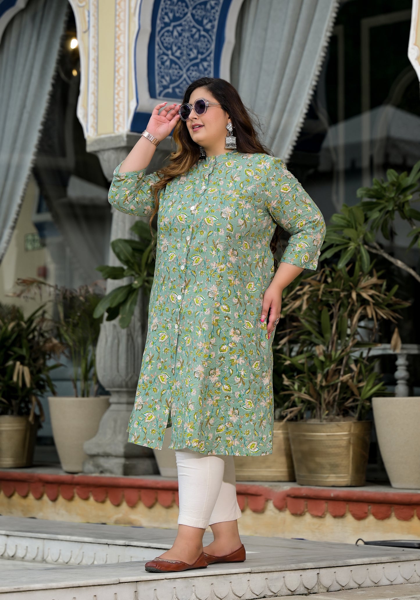 Green Front Slit 'A' Line Kurta (Cotton)