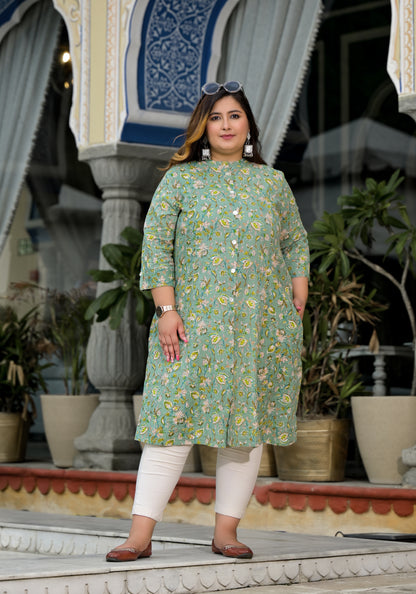 Green Front Slit 'A' Line Kurta (Cotton)