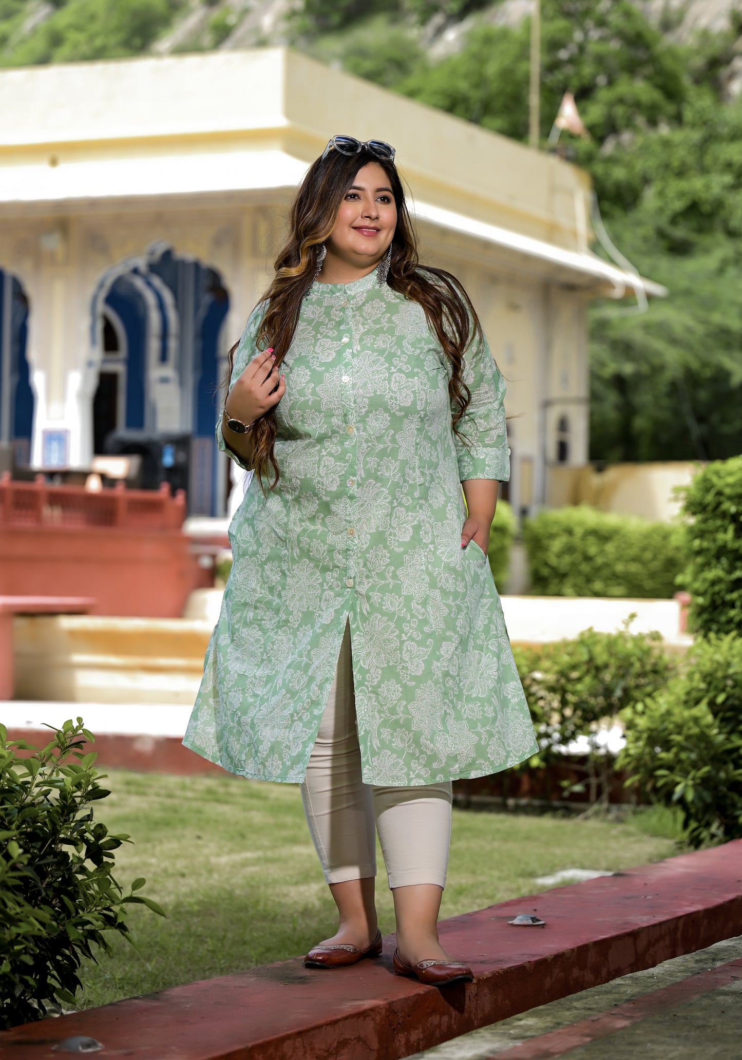 Green Front Slit 'A' Line Kurta (Cotton)