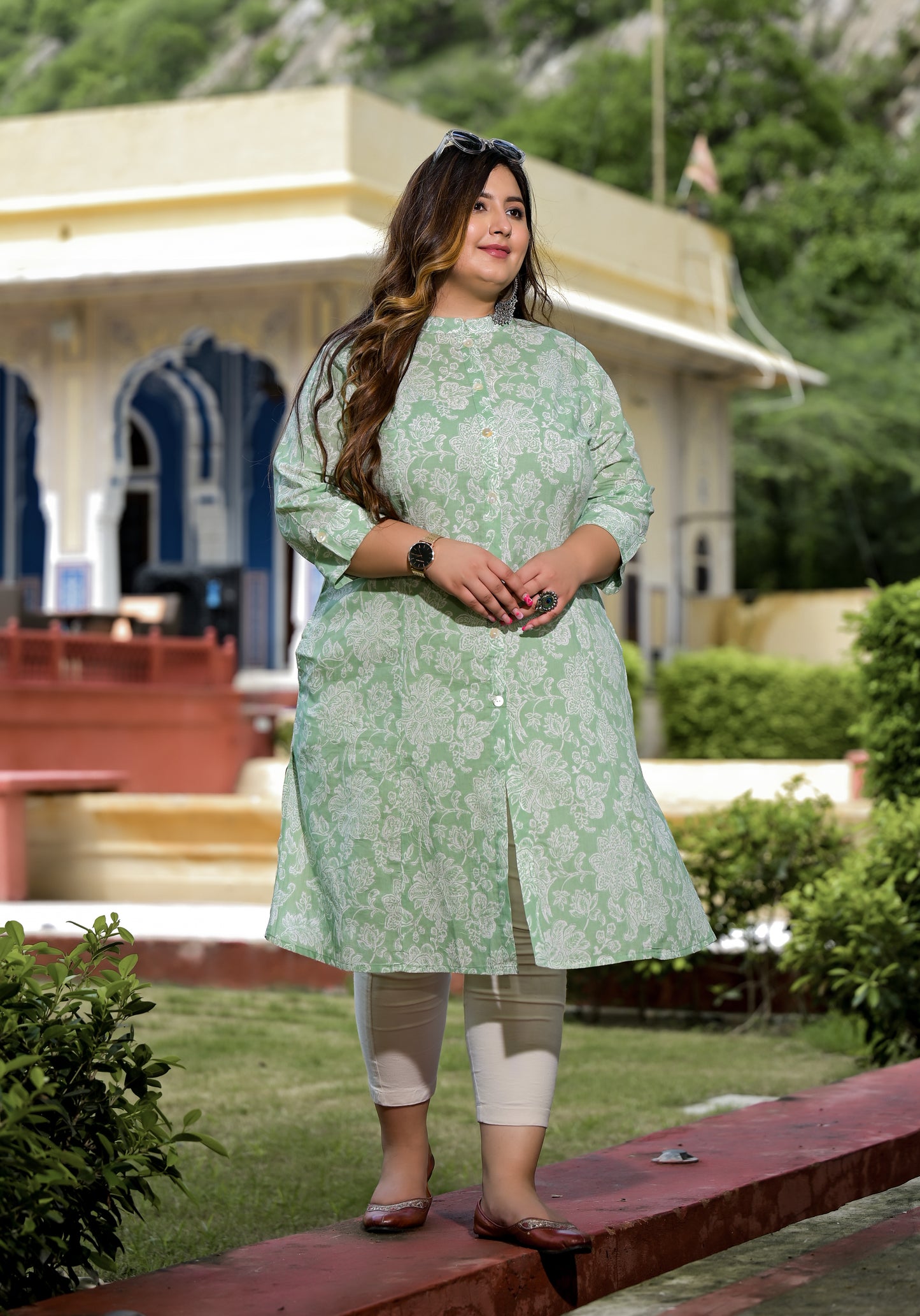 Green Front Slit 'A' Line Kurta (Cotton)