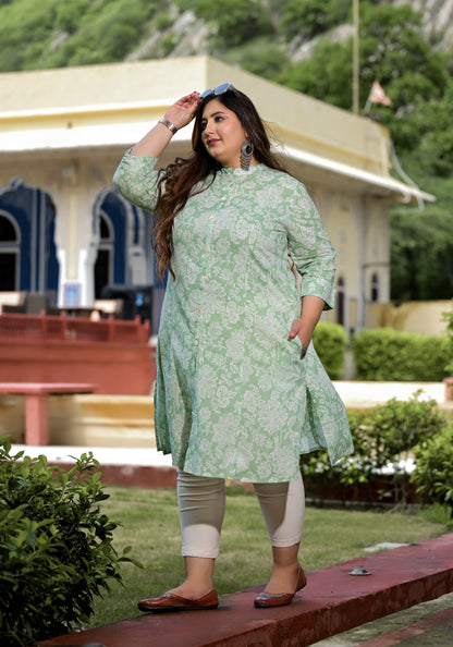 Green Front Slit 'A' Line Kurta (Cotton)