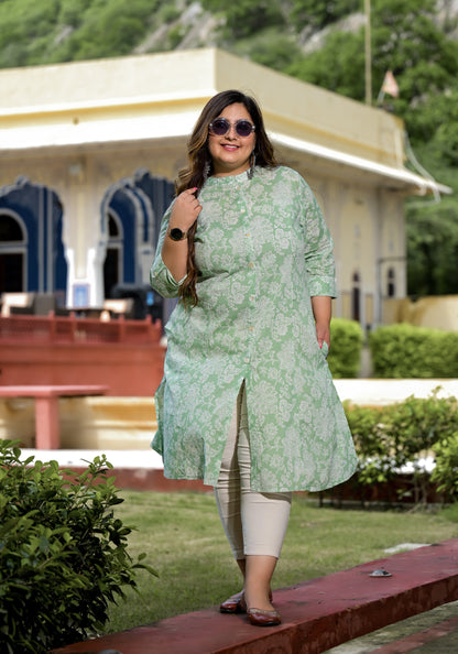 Green Front Slit 'A' Line Kurta (Cotton)