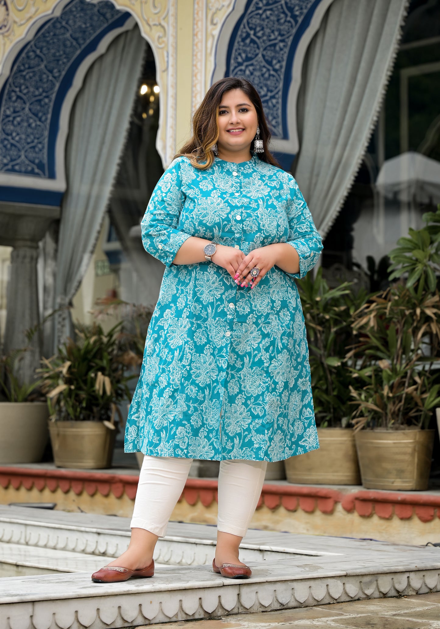 Turquoise Front Slit 'A' Line Kurta (Cotton)