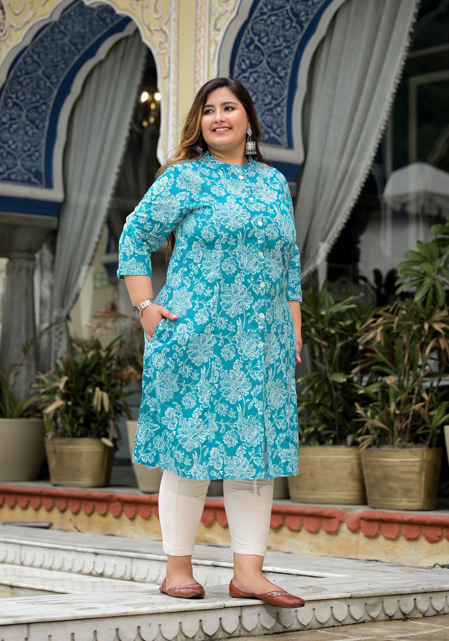 Turquoise Front Slit 'A' Line Kurta (Cotton)