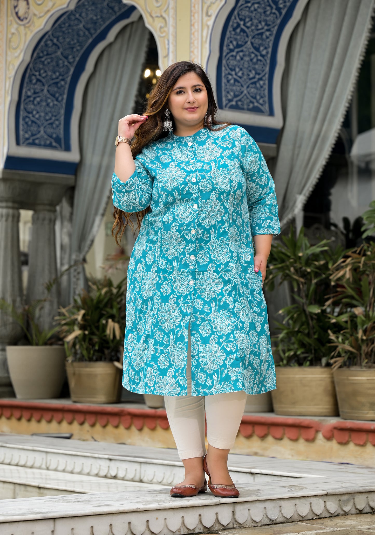 Turquoise Front Slit 'A' Line Kurta (Cotton)