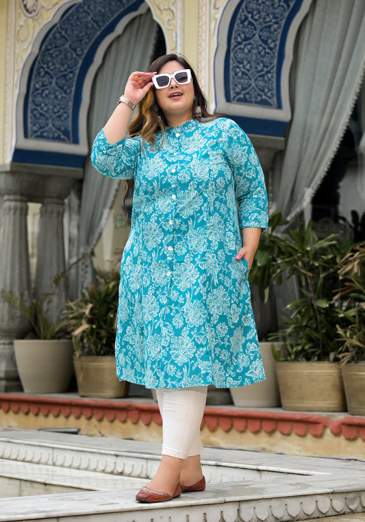 Turquoise Front Slit 'A' Line Kurta (Cotton)