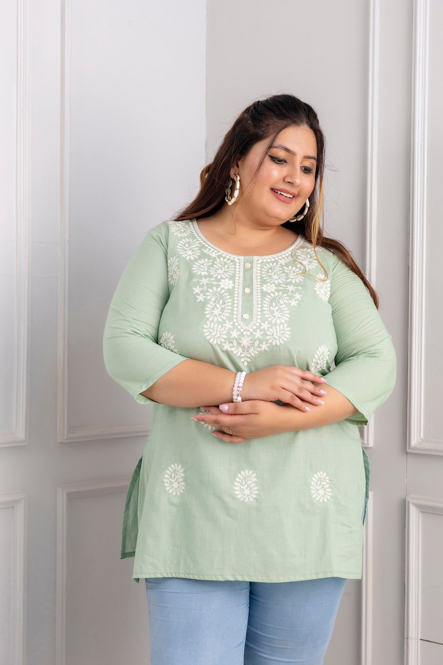 Pistachio Green Embroidered Pure Cotton Top