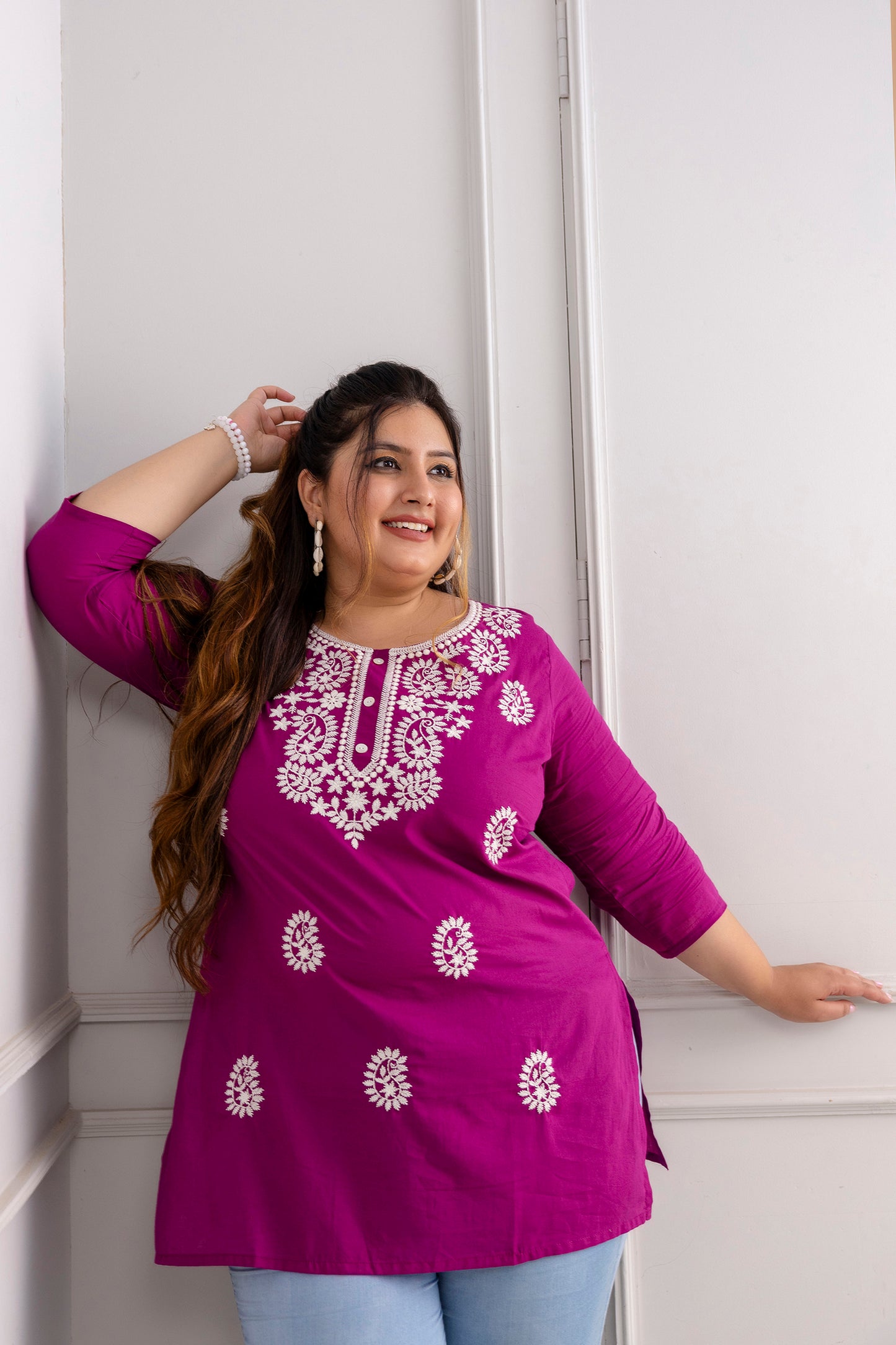 Magenta Embroidered Pure Cotton Top