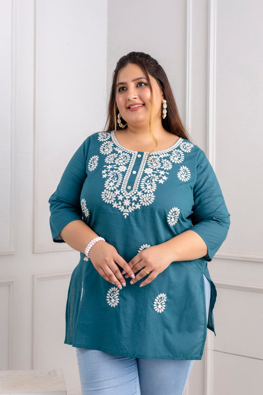 Teal Embroidered Pure Cotton Top