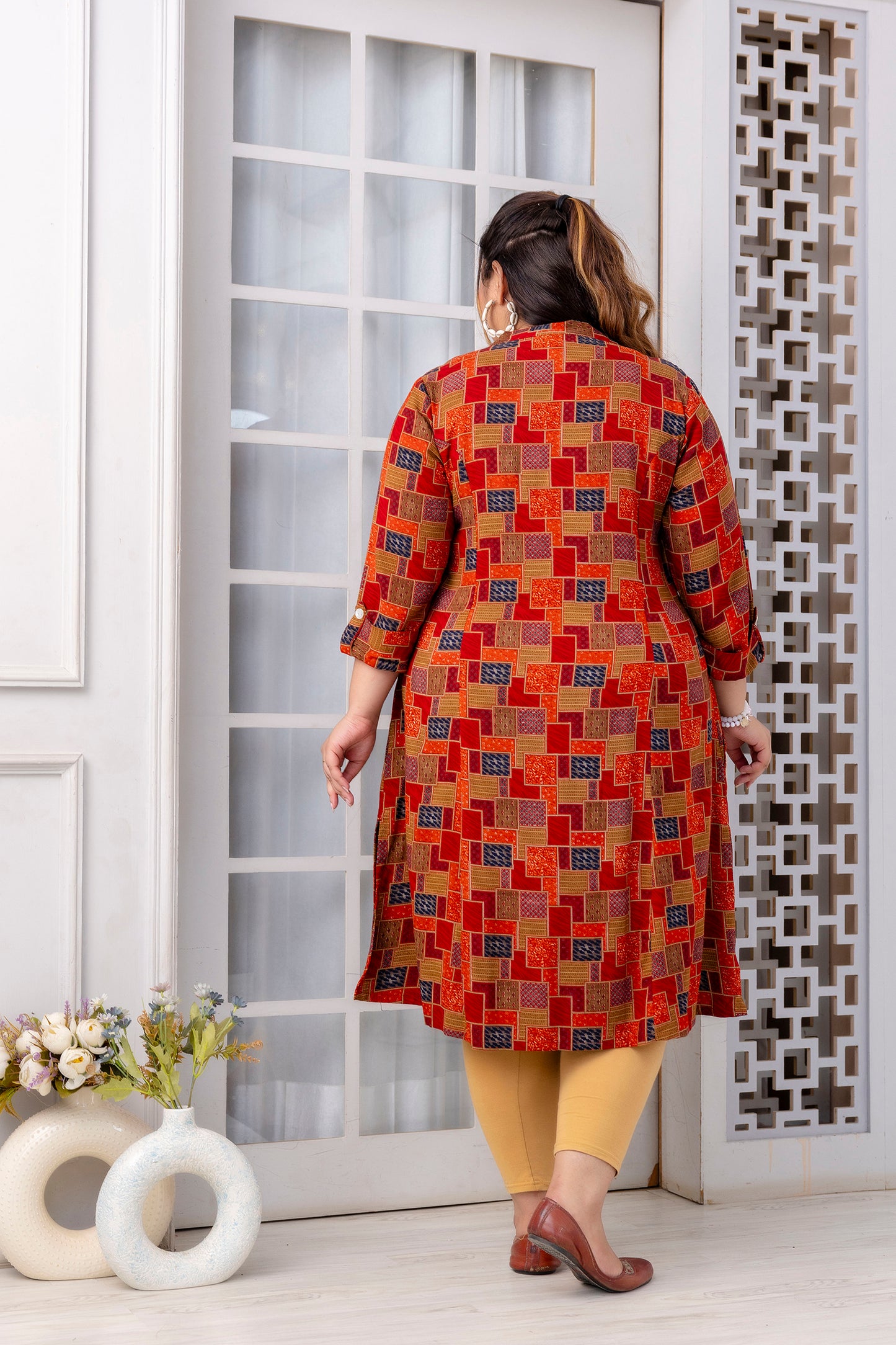 Red Front Slit Princess Cut 'A' Line Kurta