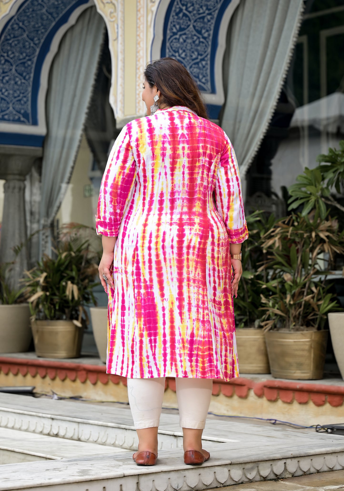 Pink Yellow Tie-Dye Front Slit 'A' Line Kurta