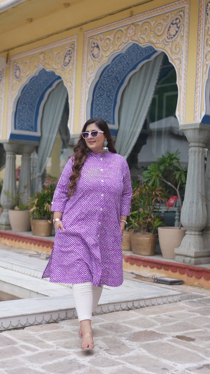 Purple Lehriya Front Slit 'A' Line Kurta (Cotton)