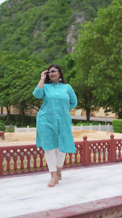 Sea Green Lehriya Front Slit 'A' Line Kurta (Cotton)