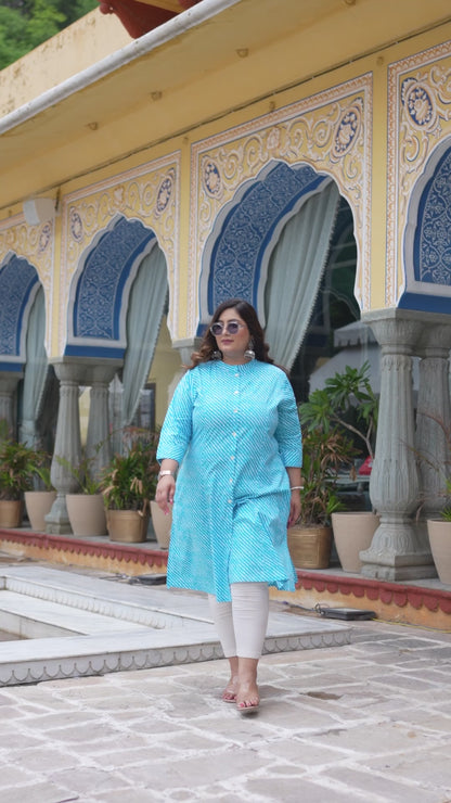 Turquoise Lehriya Front Slit 'A' Line Kurta (Cotton)