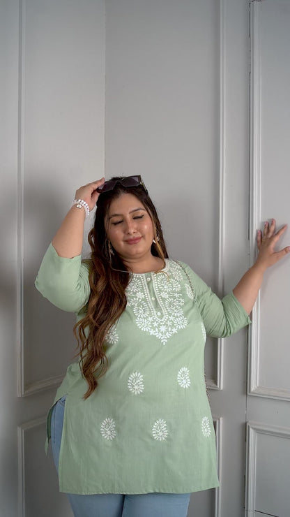 Pistachio Green Embroidered Pure Cotton Top