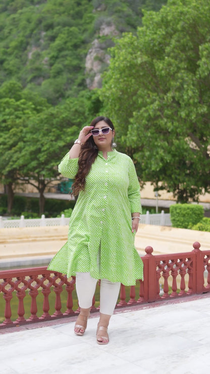 Green Lehriya Front Slit 'A' Line Kurta (Cotton)