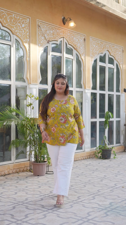 Mustard Printed Pure Cotton Top