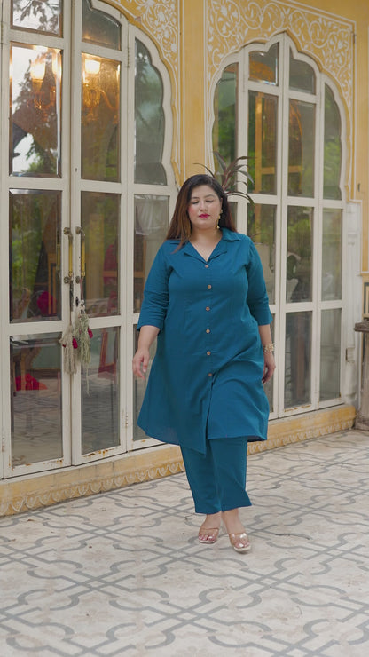 Teal Blue Collared Co-Ord Set