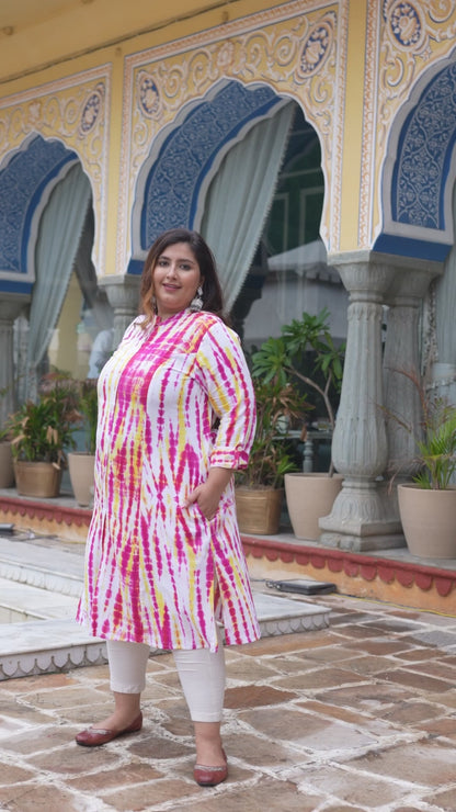 Pink Yellow Tie-Dye Front Slit 'A' Line Kurta