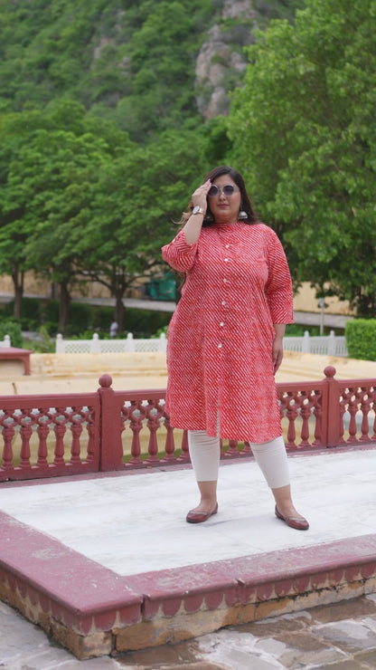 Orange Lehriya Front Slit 'A' Line Kurta (Cotton)