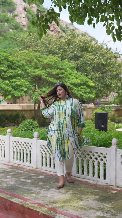 Green Tie-Dye Front Slit 'A' Line Kurta