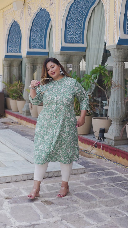 Green Front Slit 'A' Line Kurta (Cotton)