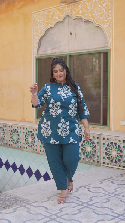 Teal Blue Floral Print Pure Cotton Co-Ord Set