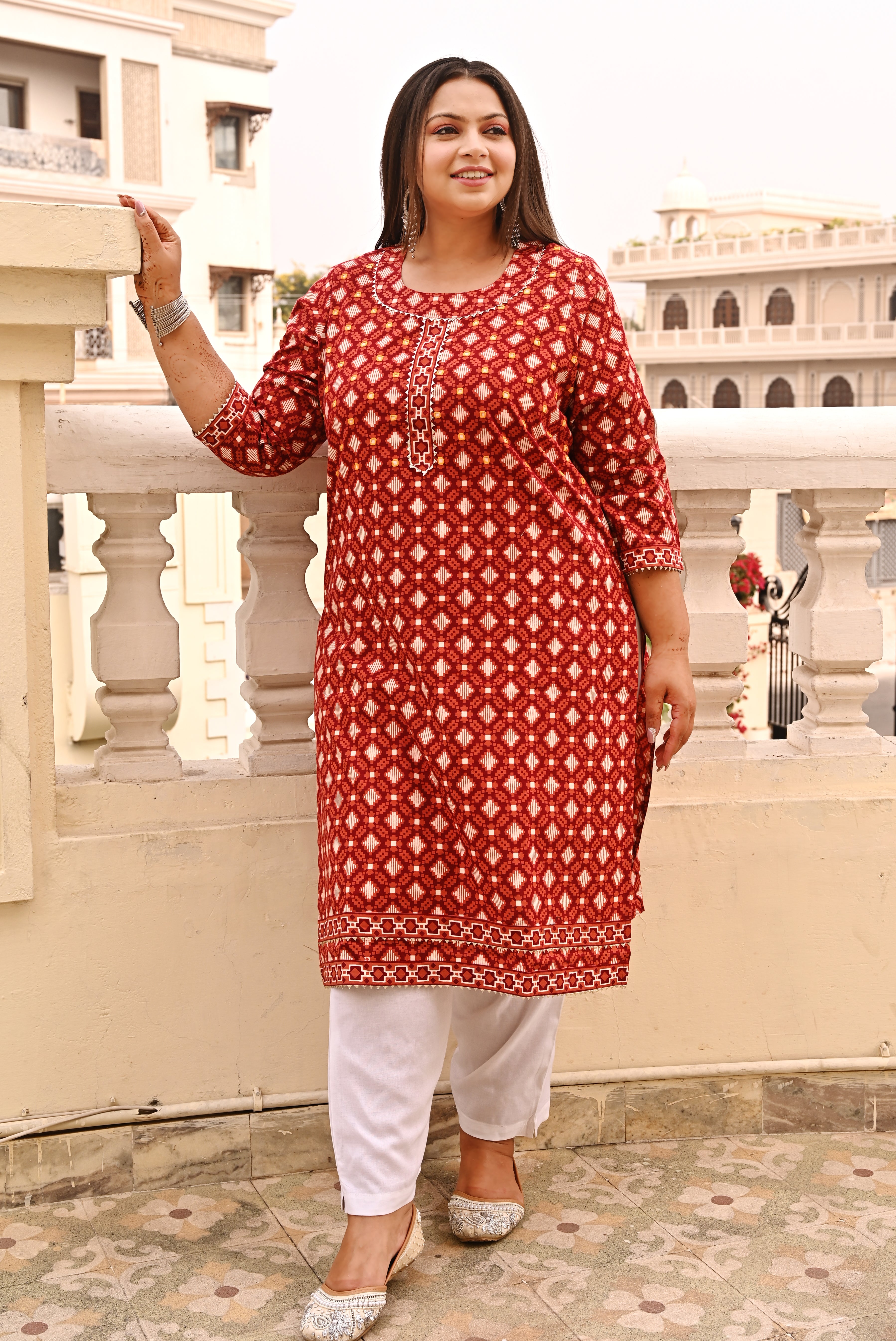 Red Rayon Floral Printed Straight Kurti With Yellow Pant