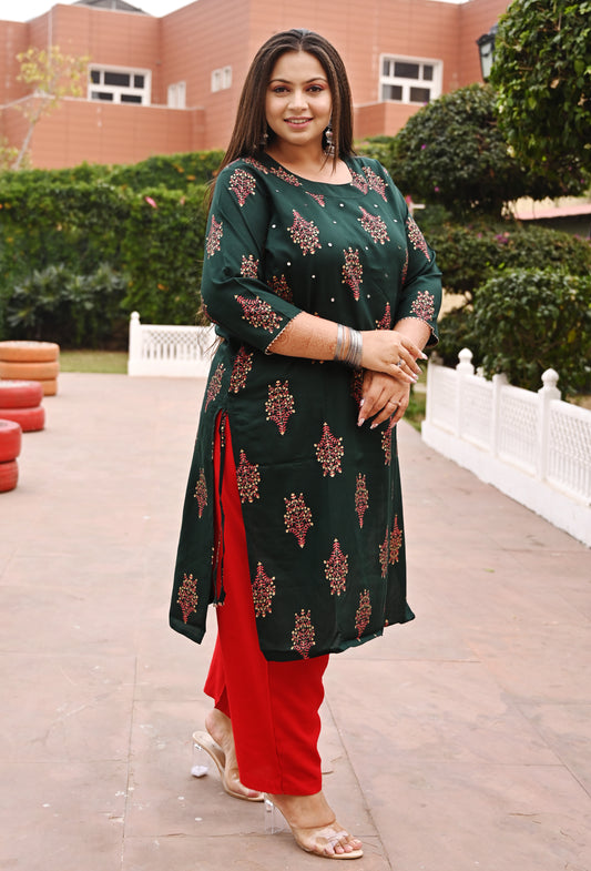 Sacramento Green Mirror Work Straight Kurti