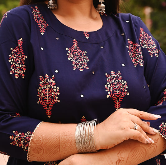 Navy Blue Mirror Work Straight Kurti