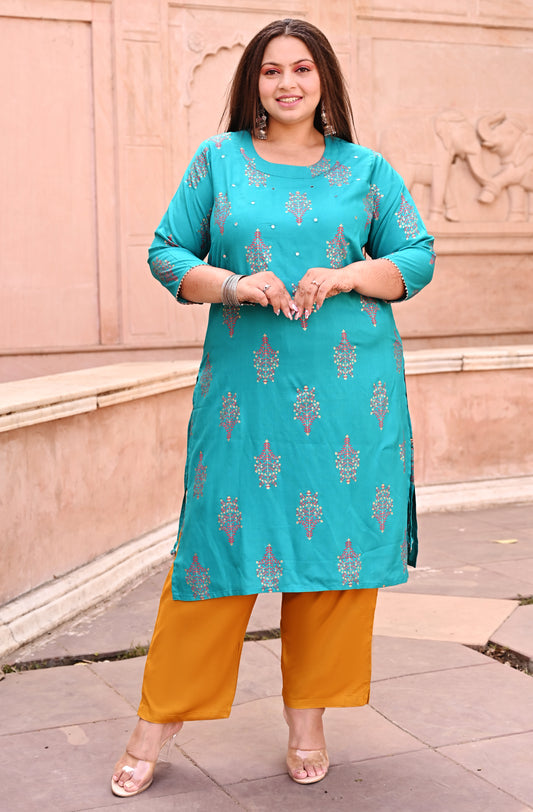Turquoise Blue Mirror Work Straight Kurti