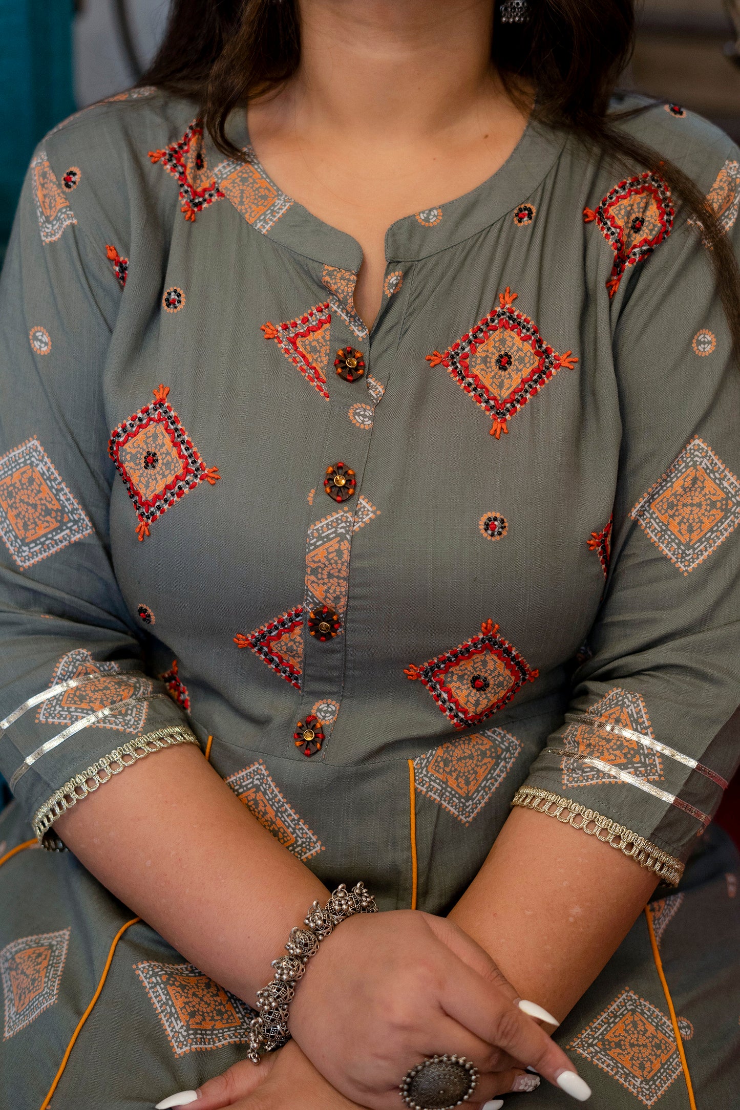 Grey Traditional Anarkali Kurti with Handwork