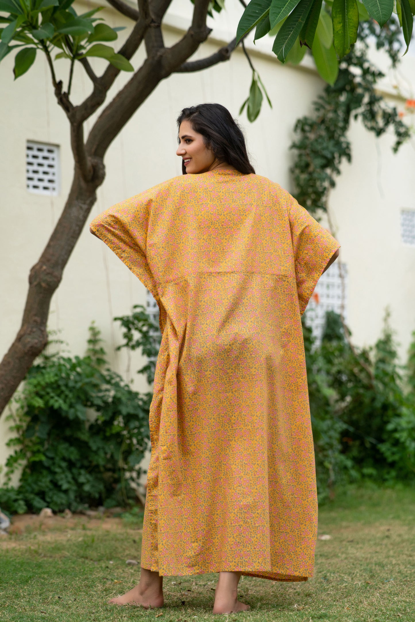 Women's Cotton Printed Half Sleeve V Neck Casual Kaftaan